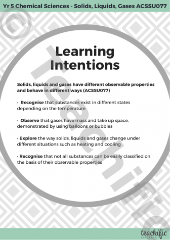 Preview image for Science Learning Intentions: Yr 5 Chemical Sciences - Solids, Liquids, Gases