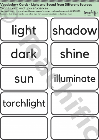 Preview image for Science Vocabulary Cards: Yr 1 Earth and Space Sciences - Light and Sound 