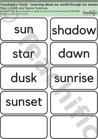 Preview image for Science Vocabulary Cards: Yr 1 Earth and Space Sciences - Light from the Sun 