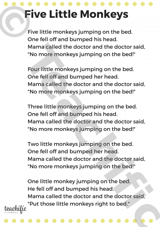 Poems: Five Little Monkeys (1), K-3 | Teachific