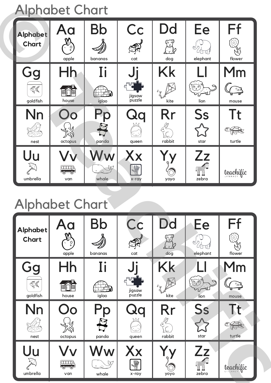 Alphabet Charts Illustrated Small Teachific