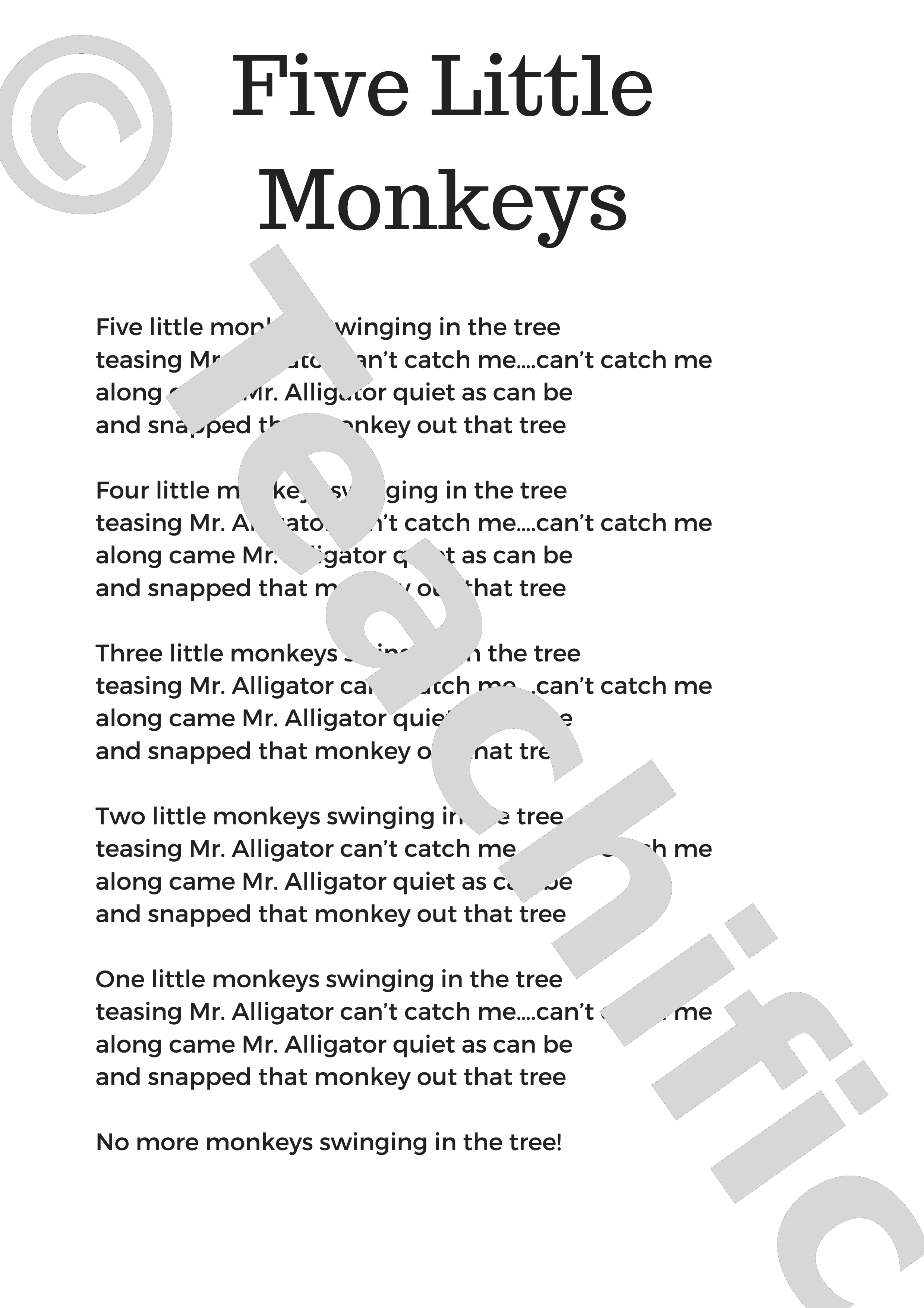 Poems: Five Little Monkeys (2), K-3 | Teachific