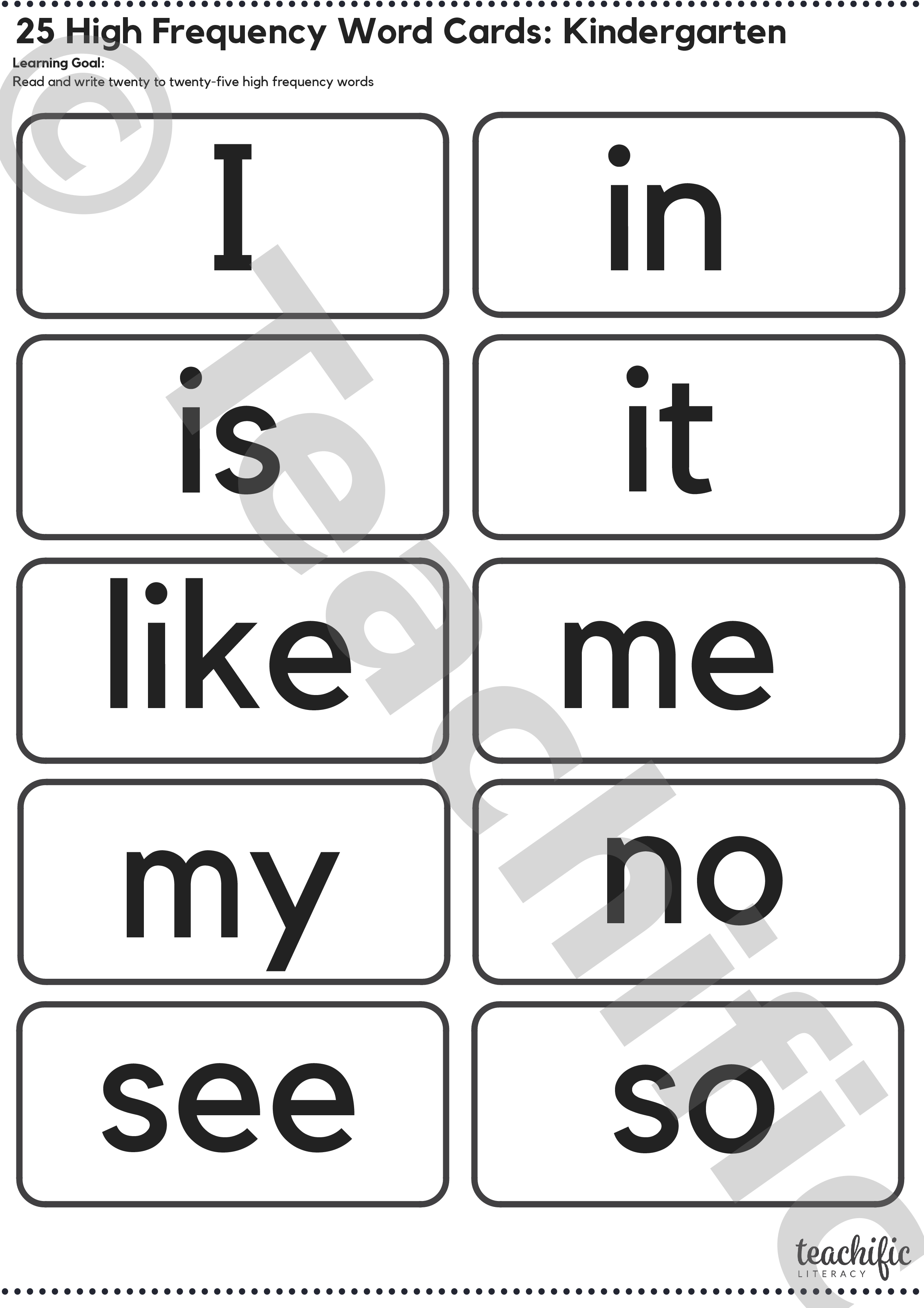 High Frequency Word Cards 25 Words Kindergarten Teachific