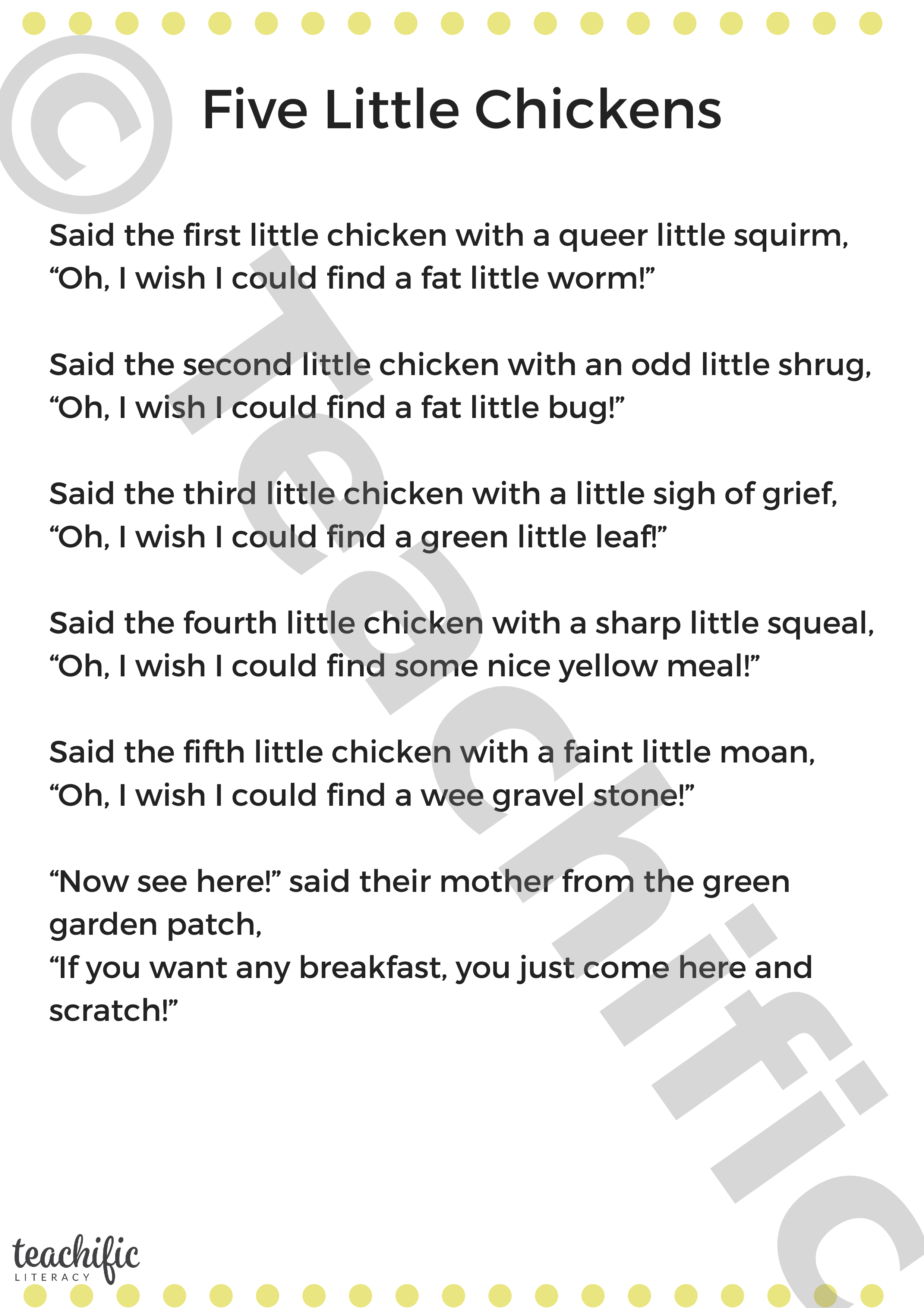 Poem Five Little Chickens Counting Rhyme Teachific